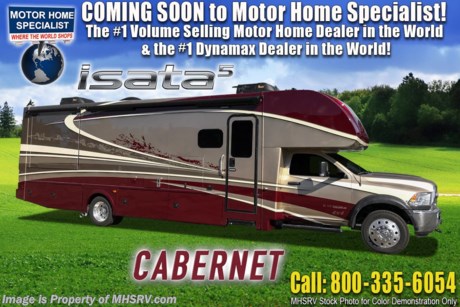 3-25-19 &lt;a href=&quot;http://www.mhsrv.com/other-rvs-for-sale/dynamax-rv/&quot;&gt;&lt;img src=&quot;http://www.mhsrv.com/images/sold-dynamax.jpg&quot; width=&quot;383&quot; height=&quot;141&quot; border=&quot;0&quot;&gt;&lt;/a&gt;   MSRP $187,120. The 2019 Dynamax Isata 5 Series model 30FW Super C is approximately 32 feet 1 inch in length and is backed by Dynamax’s industry-leading Two-Year Coach Warranty. Features include a full wall slide, ESC suspension &amp; stability, fiberglass roof, leatherette reclining captains chairs, remote key-less entry, front cab over loft area, roller shades, full extension drawer guides, LED TV in living area, residential refrigerator, convection microwave oven, solid surface kitchen counter, inverter, automatic generator start, exterior shower and tank-less on-demand water heater. Optional features includes the beautiful full body paint, 8KW Onan diesel generator, T4 in-motion satellite dish and solar panels. The Isata 5 Series is powered by the Ram&#174; 5500 SLT Chassis, 6.7L I6 Cummins&#174; Turbo Diesel 325HP engine, 6-Speed automatic transmission and features a 10,000 lb. hitch. For 2 year limited warranty details contact Dynamax or a MHSRV representative. For more complete details on this unit and our entire inventory including brochures, window sticker, videos, photos, reviews &amp; testimonials as well as additional information about Motor Home Specialist and our manufacturers please visit us at MHSRV.com or call 800-335-6054. At Motor Home Specialist, we DO NOT charge any prep or orientation fees like you will find at other dealerships. All sale prices include a 200-point inspection, interior &amp; exterior wash, detail service and a fully automated high-pressure rain booth test and coach wash that is a standout service unlike that of any other in the industry. You will also receive a thorough coach orientation with an MHSRV technician, an RV Starter&#39;s kit, a night stay in our delivery park featuring landscaped and covered pads with full hook-ups and much more! Read Thousands upon Thousands of 5-Star Reviews at MHSRV.com and See What They Had to Say About Their Experience at Motor Home Specialist. WHY PAY MORE?... WHY SETTLE FOR LESS?