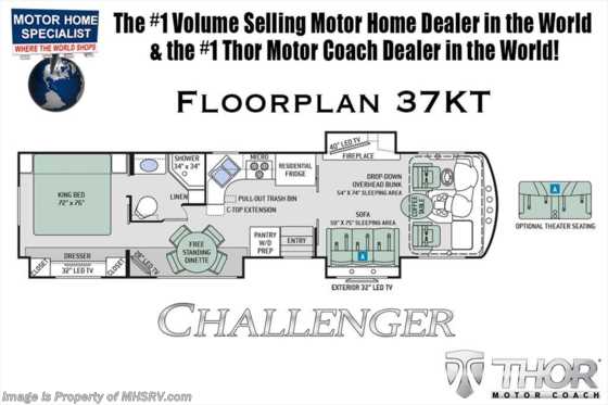 2019 Thor Motor Coach Challenger 37KT RV for Sale W/King Bed &amp; Theater Seats Floorplan