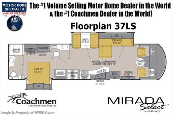 2019 Coachmen Mirada Select 37LS Bath &amp; 1/2 RV W/Salon Bunk, Sat, W/D Floorplan