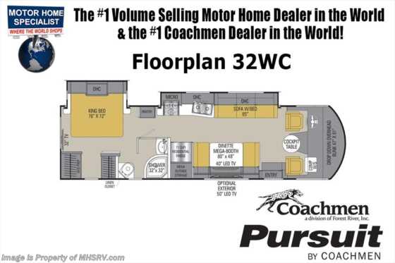 2019 Coachmen Pursuit 32WC W/2 A/C, 5.5KW Gen, King Bed, W/D Floorplan