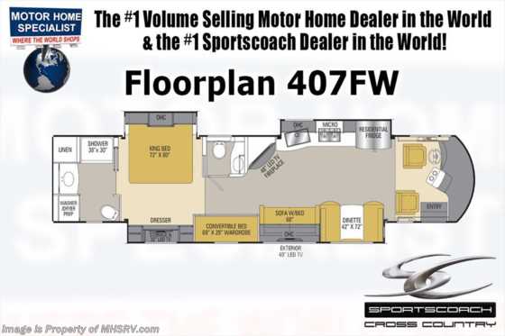 2019 Sportscoach Sportscoach 407FW Bath & 1/2 Bunk Model W/Sat, King, W/D Floorplan