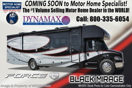 4-9-19 &lt;a href=&quot;http://www.mhsrv.com/other-rvs-for-sale/dynamax-rv/&quot;&gt;&lt;img src=&quot;http://www.mhsrv.com/images/sold-dynamax.jpg&quot; width=&quot;383&quot; height=&quot;141&quot; border=&quot;0&quot;&gt;&lt;/a&gt;   
MSRP $288,067. The All New 2019 Dynamax Force 37TS HD Super C is approximately 39 feet 2 inch in length with 3 slides and boasts a Cummins ISL 8.9 liter (350HP &amp; 1,000 ft.-lbs. of torque) engine coupled with the incredible Allison 3200 TRV transmission. A few other exciting upgrades on the Force HD include upgraded window treatments, DVD players on the bunk model, brake controller, (2) 4D batteries and color-coordinated solid surface countertops in the kitchen, bath &amp; even the bedroom nightstands. Optional features include theater seats, large entertainment center with 50&quot; TV and fireplace, solar panels, Dash cam DVR with forward collision &amp; departure delay alert and a washer/dryer. The 2019 Dynamax Force also features an incredible list of standard equipment including a 7&quot; Kenwood dash infotainment center, Truma Aqua-Go comfort water heater, inverter, 8 KW Onan generator, king size bed, cab over loft, bedroom TV, heated tanks, raised panel cabinet doors with hidden hinges, solid surface kitchen countertop, full extension ball bearing drawer guides, fantastic fans, backsplash, LED flush mounted lighting, 7 foot ceilings, keyless entry touchpad lock, automatic leveling system, residential refrigerator with icemaker, 3 burner cooktop, convection microwave, (2) 15,000 BTU roof air conditioners, shower skylight, water filter system, exterior shower and much more. For more complete details on this unit and our entire inventory including brochures, window sticker, videos, photos, reviews &amp; testimonials as well as additional information about Motor Home Specialist and our manufacturers please visit us at MHSRV.com or call 800-335-6054. At Motor Home Specialist, we DO NOT charge any prep or orientation fees like you will find at other dealerships. All sale prices include a 200-point inspection, interior &amp; exterior wash, detail service and a fully automated high-pressure rain booth test and coach wash that is a standout service unlike that of any other in the industry. You will also receive a thorough coach orientation with an MHSRV technician, an RV Starter&#39;s kit, a night stay in our delivery park featuring landscaped and covered pads with full hook-ups and much more! Read Thousands upon Thousands of 5-Star Reviews at MHSRV.com and See What They Had to Say About Their Experience at Motor Home Specialist. WHY PAY MORE?... WHY SETTLE FOR LESS?