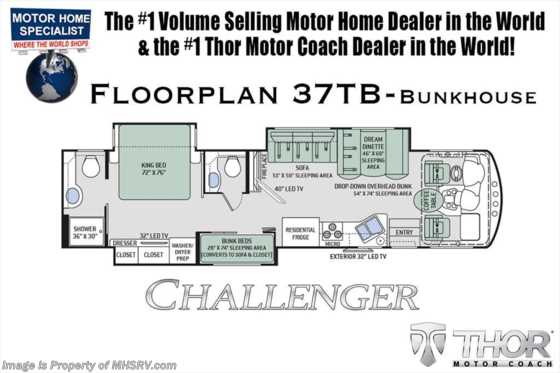 2018 Thor Motor Coach Challenger 37TB Bunk House Bath &amp; 1/2 RV W/ Res Fridge Floorplan