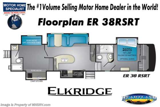 2019 Heartland RV ElkRidge 38RSRT Bunk Model W/2 Full Baths, Jacks, 2 A/C Floorplan