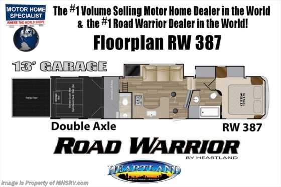 2019 Heartland RV Road Warrior 387RW Bath &amp; 1/2 W/ Ext TV, 3 A/Cs, Res Fridge Floorplan