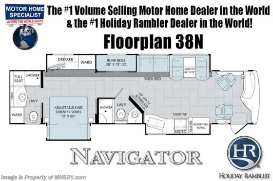 2019 Holiday Rambler Navigator 38N 2 Full Bath RV for Sale W/Bunks, Sat, King, WD Floorplan