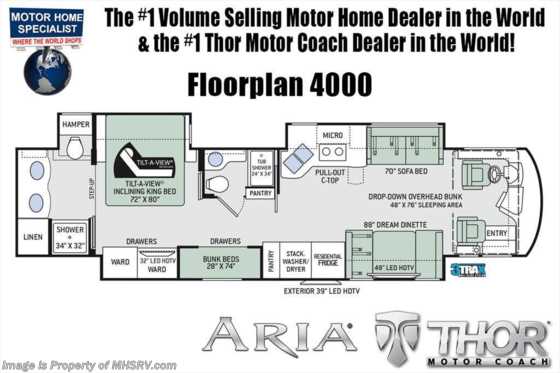 2019 Thor Motor Coach Aria 4000 Two Full Baths Diesel RV for Sale W/Bunks Bed Floorplan
