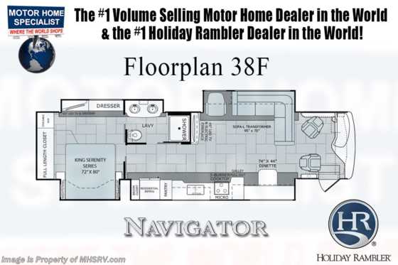 2019 Holiday Rambler Navigator 38F W/ Aqua Hot, OH Loft, 3 A/Cs, King Floorplan