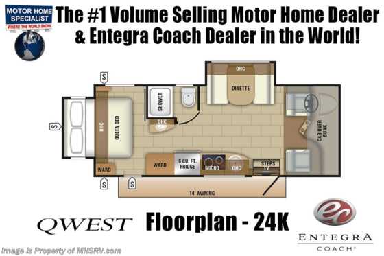 2019 Entegra Coach Qwest 24K W/2 Yr Warranty, Fiberglass Roof, Dsl Gen Floorplan
