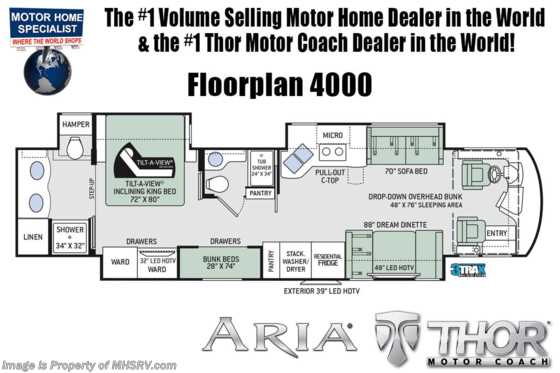 2019 Thor Motor Coach Aria 4000 2 Full Bath 360HP Diesel RV W/King Floorplan