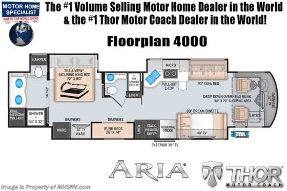 2020 Thor Motor Coach Aria 4000 Bunk House, 2 Full Bath 360HP Diesel RV W/King Floorplan