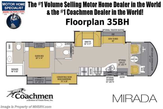 2020 Coachmen Mirada 35BH Bunk Model, Bath &amp; 1/2, Theater Seats, 2 A/Cs Floorplan