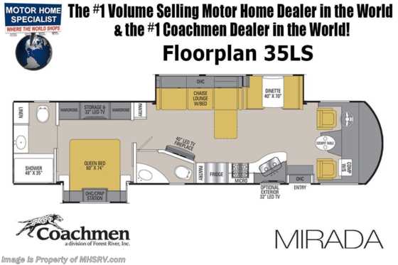 2020 Coachmen Mirada 35LS Bath &amp; 1/2 RV for Sale W/ 2 A/Cs &amp; Ext TV Floorplan