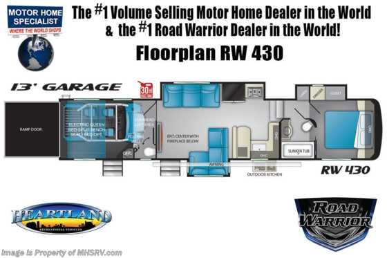 2020 Heartland RV Road Warrior 430RW W/3 A/Cs, King, 5.5KW Gen, Happi-Jac &amp; Rear Air Room Floorplan