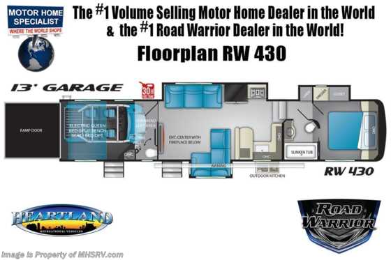2020 Heartland Road Warrior 430RW W/King, 3 A/Cs, 5.5KW Gen, Happi-Jac Floorplan