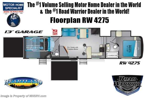 2020 Heartland RV Road Warrior 4275RW Bath &amp; 1/2 W/King, 5.5KW Gen, 3 A/C Floorplan
