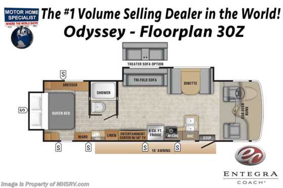 2020 Entegra Coach Odyssey 30Z W/Bedroom TV, OH Loft &amp; Jacks Floorplan