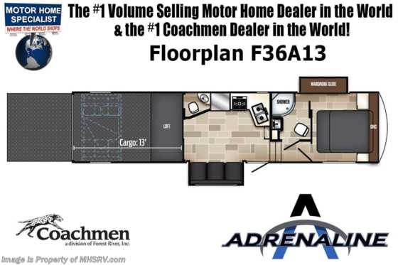 2020 Coachmen Adrenaline F33A17 Toy Hauler W/ 2 A/Cs & 5.5KW Gen Floorplan