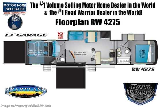 2020 Heartland RV Road Warrior 4275RW Bath &amp; 1/2 W/ 3 A/Cs, 5.5KW Gen, Rear Air Room Floorplan