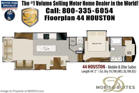 2020 DRV Mobile Suites 44 Houston Luxury Bath &amp; 1/2 Model W/ Theater Seats, King, Fiberglass Roof, WiFi Floorplan