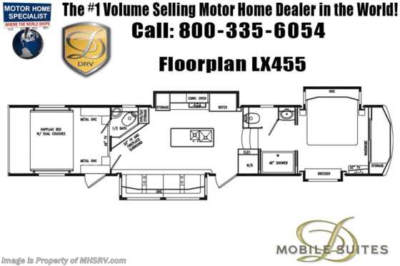 2020 DRV Full House LX455 Bath &amp; 1/2 Toy Hauler W/ Happijac Bed &amp; Sofa, Multiplex &amp; Theater Seats Floorplan