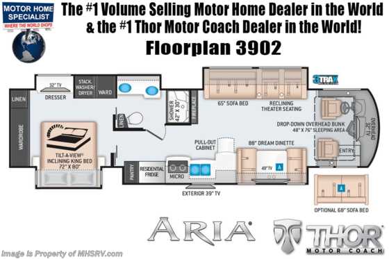 2020 Thor Motor Coach Aria 3902 Luxury Bath &amp; 1/2 Diesel RV W/King, 360HP, Theater Seats Floorplan