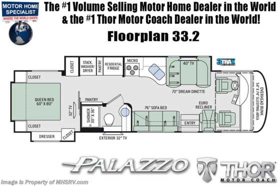 2020 Thor Motor Coach Palazzo 33.2 Stack W/D, 40&quot; TV, Power Loft, Air-Ride™ Suspension, Studio Collection™ Decor Floorplan