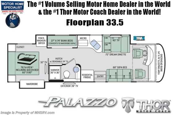 2020 Thor Motor Coach Palazzo 33.5 Bunk Model Diesel Pusher W/300HP, OH Loft, Studio Collection Floorplan