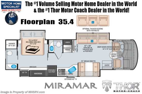 2020 Thor Motor Coach Miramar 35.4 Bath &amp; 1/2 RV W/ Theater Seats, Dual Pane, FBP &amp; King Floorplan