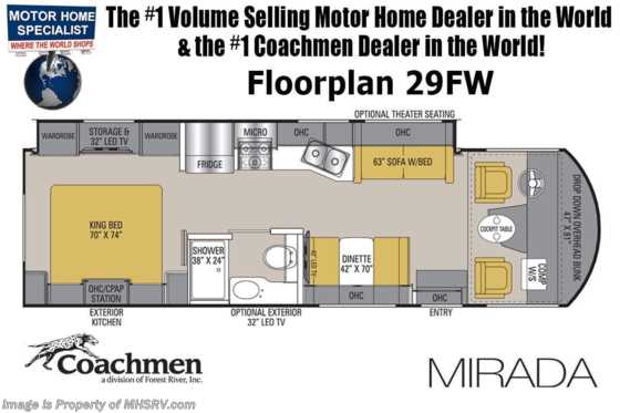 2020 Coachmen Mirada 29FW W/ Exterior Kitchen/TV, 2 A/Cs, King Bed, Power Loft &amp; More! Floorplan
