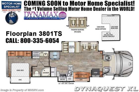 2021 Dynamax Corp Dynaquest XL 3801TS Diesel Super C RV W/ Theater Seats, Cab Over, Sat &amp; Solar Floorplan