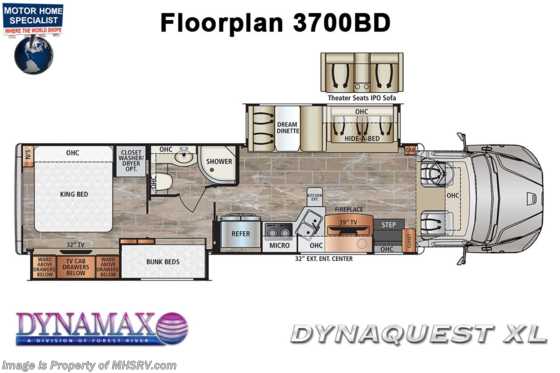 2022 Dynamax Corp Dynaquest XL 3700BD Bunk Model Super C W/ Cab Over, & Lith Batteries Floorplan