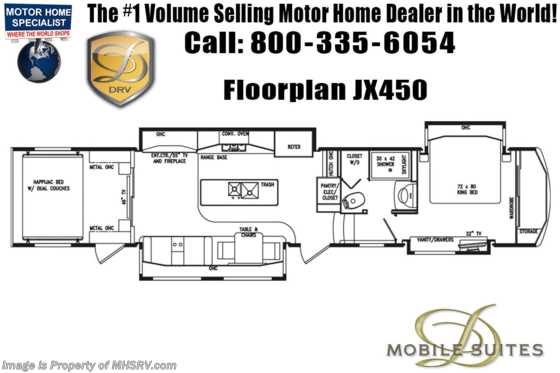 2020 DRV Full House JX450 Toy Hauler W/ Happijac Bed &amp; Sofa, Multiplex, Sat &amp; WiFi Floorplan