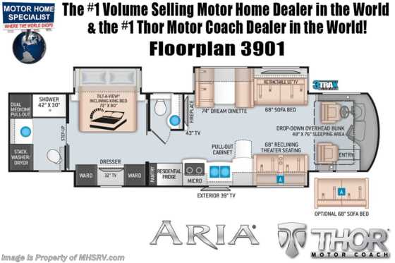 2020 Thor Motor Coach Aria 3901 Luxury Bath &amp; 1/2 Diesel RV for Sale W/ King, Theater Seats, 360HP Floorplan