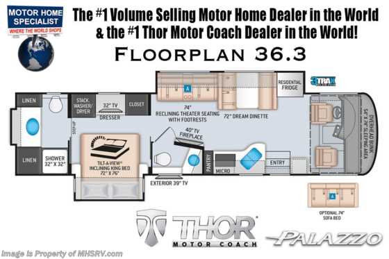 2021 Thor Motor Coach Palazzo 36.3 Bath &amp; 1/2 RW W/ King Bed, Theater Seats, 340HP, Studio Collection Floorplan