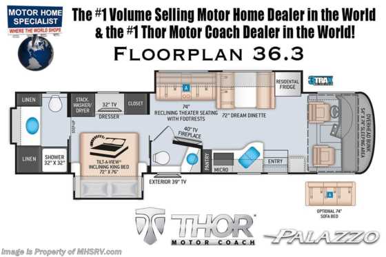 2021 Thor Motor Coach Palazzo 36.3 Bath &amp; 1/2, King Bed, Theater Seats, 340HP &amp; Studio Collection Floorplan