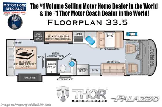 2021 Thor Motor Coach Palazzo 33.5 Bunk Model Diesel Pusher RV W/300HP, OH Loft, Studio Collection Floorplan