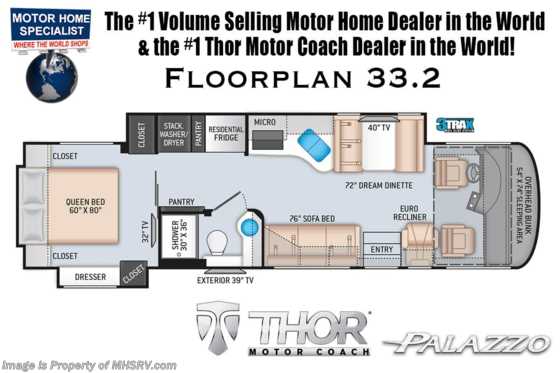 2021 Thor Motor Coach Palazzo 33.2 Diesel Pusher W/ Stack W/D, OH Loft, Studio Collection Floorplan