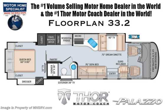 2021 Thor Motor Coach Palazzo 33.2 Diesel Pusher, Stack W/D, Pwr OH Loft, Studio Collection Floorplan