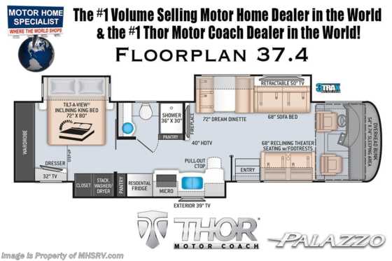 2021 Thor Motor Coach Palazzo 37.4 Theater Seats, King Bed, 340HP, Studio Collection Floorplan