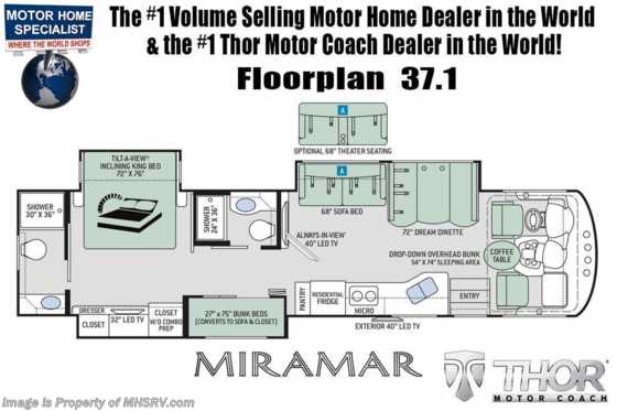 2021 Thor Motor Coach Miramar 37.1 2 Full Bath Bunk Model W/ Dual Pane Windows, FBP Floorplan