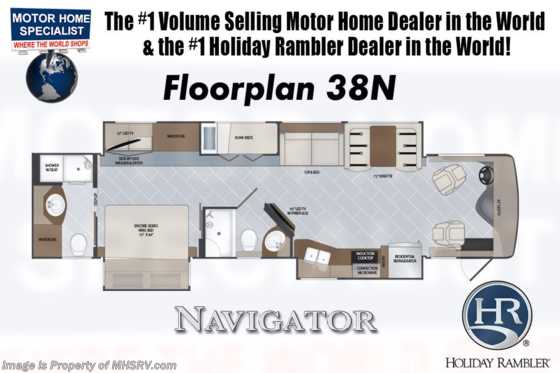 2020 Holiday Rambler Navigator 38N 2 Full Bath Bunk Model W/ 340HP, 3 A/Cs, King Floorplan
