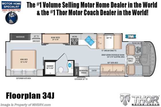 2021 Thor Motor Coach Hurricane 34J Bunk Model W/ King Serta Bed,2 A/Cs, Solar & WiFi Floorplan