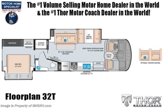 2021 Thor Motor Coach Hurricane 32T W/ Theater Seats, King, OH Loft, Ext TV Floorplan