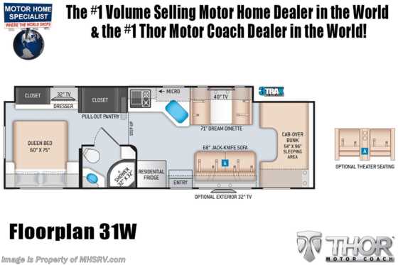 2021 Thor Motor Coach Four Winds 31W W/ Theater Seats, MORryde© Suspension, Ext TV, 2 A/Cs &amp; Solar Floorplan