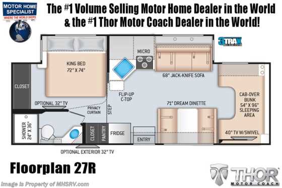 2021 Thor Motor Coach Four Winds 27R W/ King Bed, 15K A/C, Ext TV, Bedroom TV Floorplan