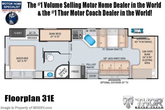 2021 Thor Motor Coach Chateau 31E Bunk Model W/ MORryde© Suspension, 2 A/Cs, Ext TV Floorplan