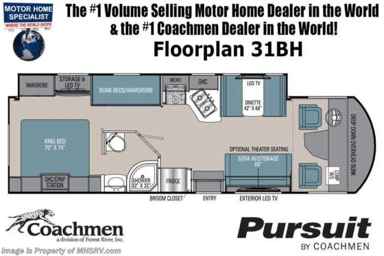 2021 Coachmen Pursuit 31BH Bunk Model W/ King Bed, Solar &amp; 2 A/Cs Floorplan