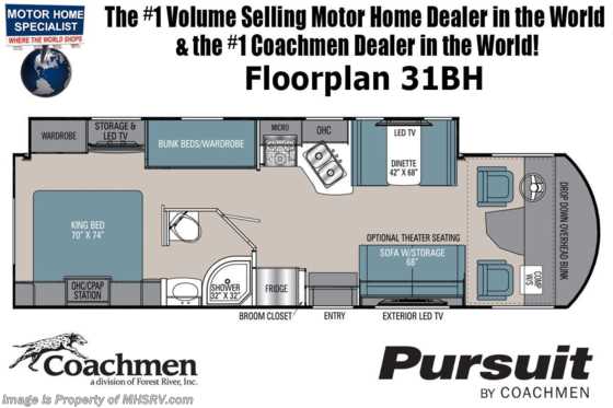 2021 Coachmen Pursuit 31BH Bunk Model W/ Theater Seats, King Bed, Solar &amp; 2 A/Cs Floorplan