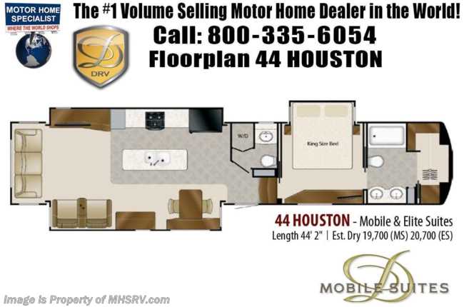 2021 DRV Mobile Suites 44 Houston Luxury Bath &amp; 1/2 Model W/ Theater Seats, King, 6.5KW Gen, Sat